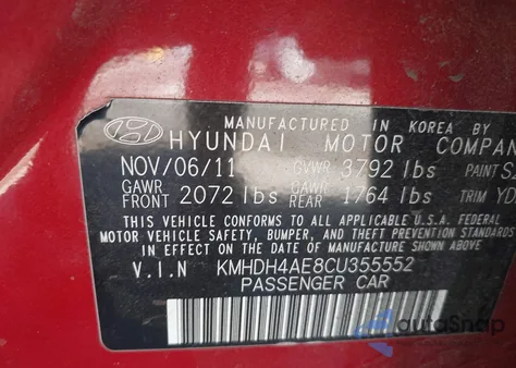 2012 Hyundai Elantra Limited (Ulsan Plant) from USA, damaged, VIN KMHDH4AE8CU355552
